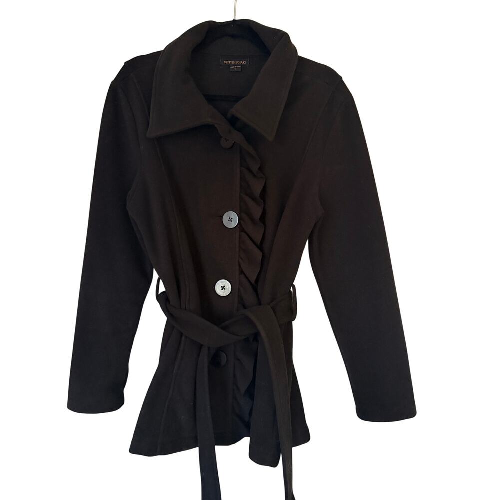 British Khaki Black Pea Coat with Ruffle Trim - Women's Large